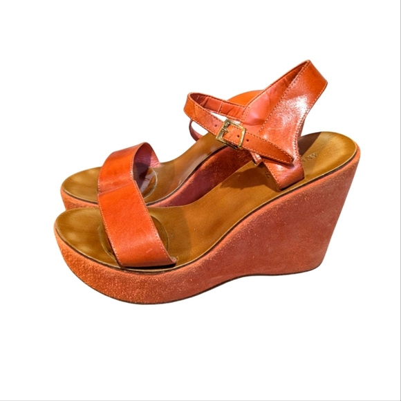 Anne Klein Suede Leather Wedge Sandal Orange Made in Italy Size 8.5 Resortwear - Picture 1 of 8